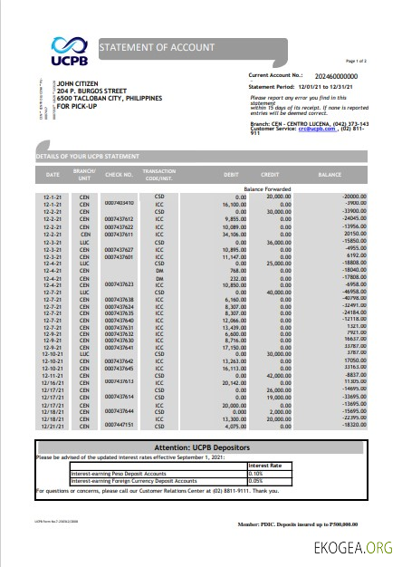 Modèle de relevé de compte bancaire UCPB des Philippines au format Excel et PDF